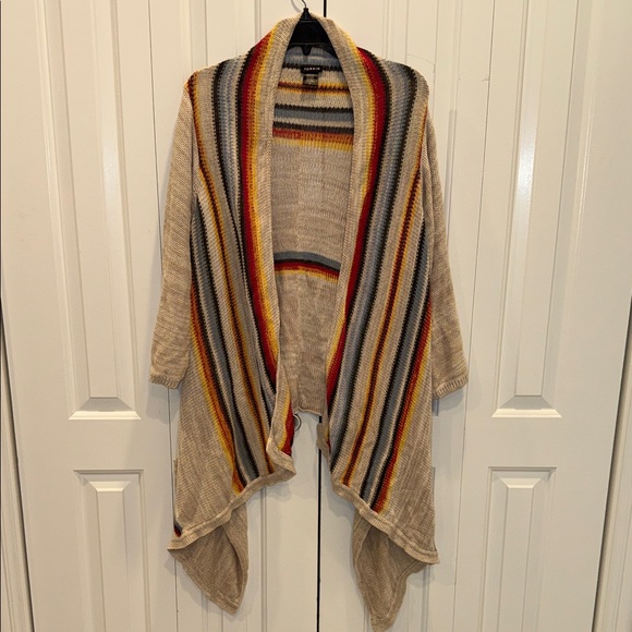 torrid Sweaters - torrid Beige Striped Knit Cardigan with Red, Yellow, Blue, Gray Accents